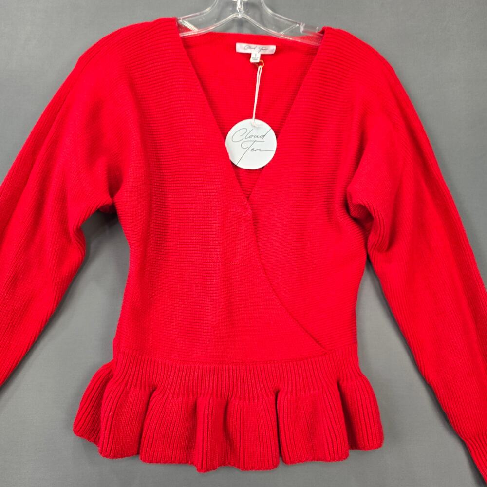 Cloud Ten Red Sweater NEW Ruffled Waist Long Sleeves Snap V-Neck Women's Size S